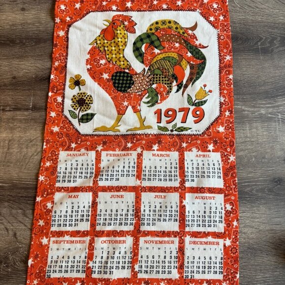 No Brand Other - Vintage 1979 Orange Rooster Fabric Calendar 16" X 26.5"